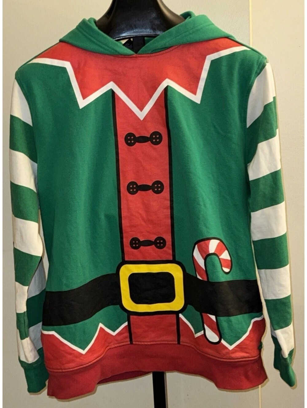 Elf Christmas Hoodie XL Ugly Holiday Sweater Costume Green Striped Pom Hat
